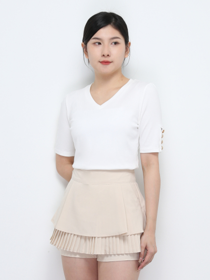 Short Sleeve With Decorative Button V Neck Top 32376