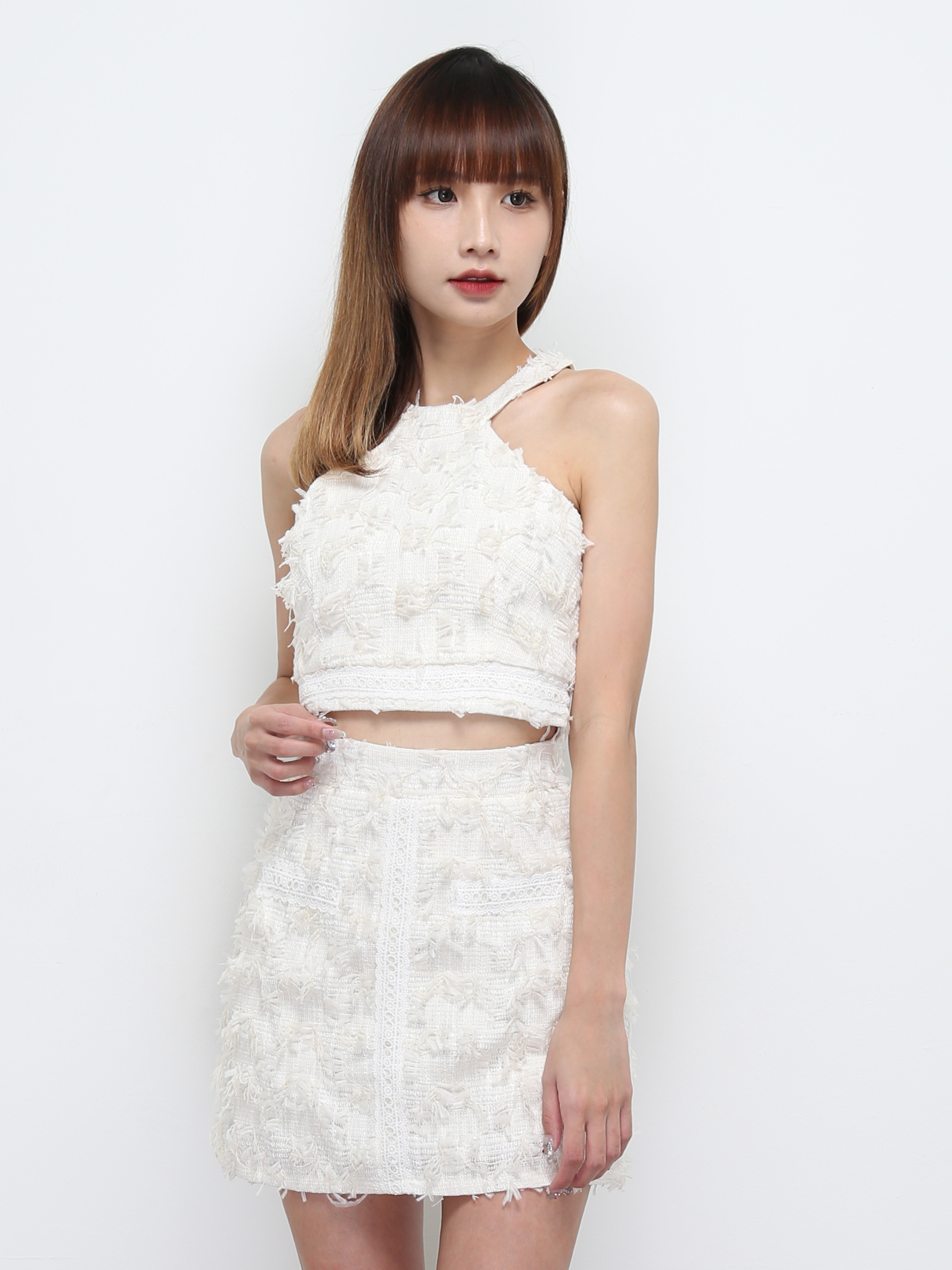 Halter With Fur Top And Skirt Set 32494