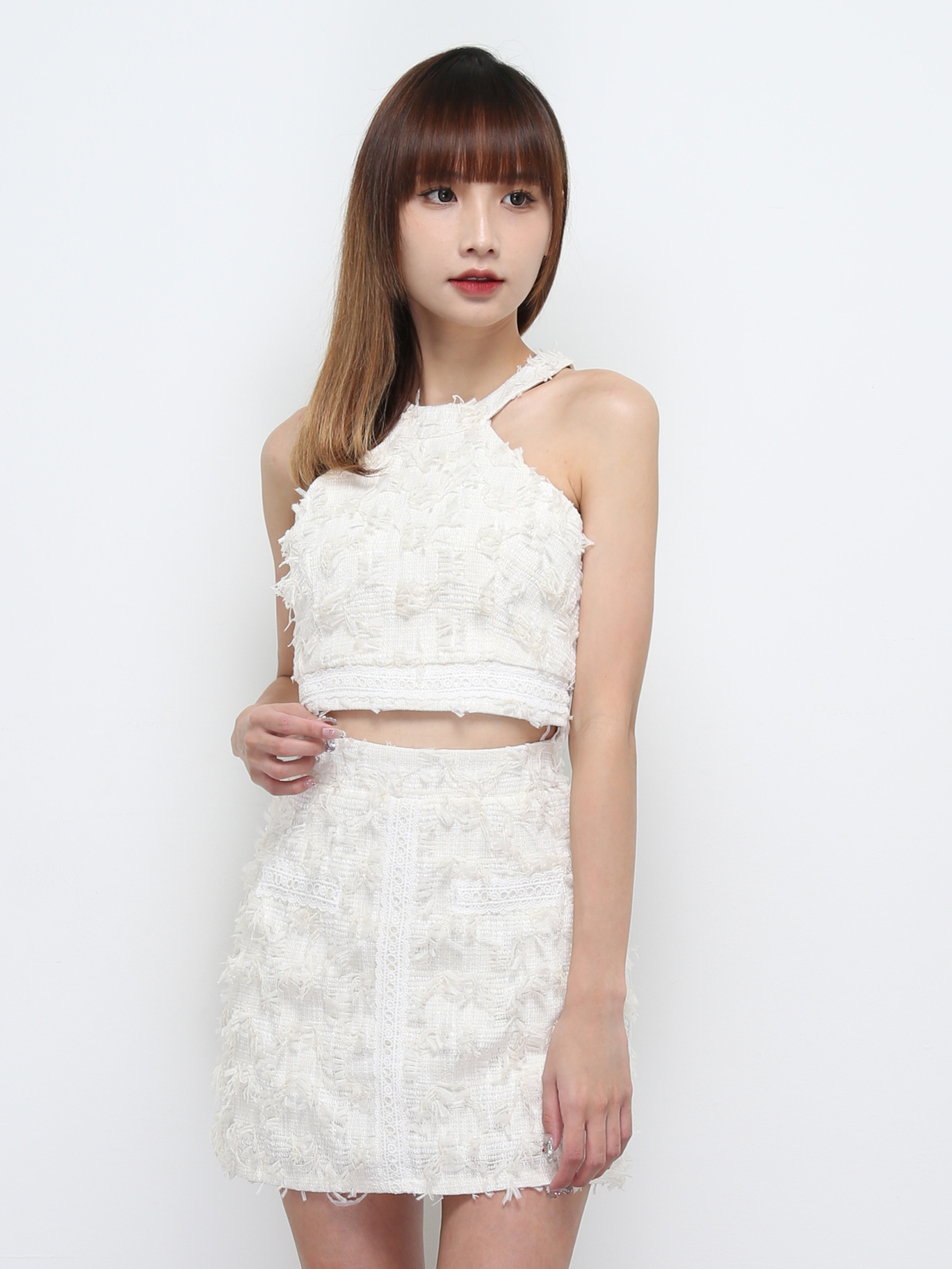 Halter With Fur Top And Skirt Set 32494