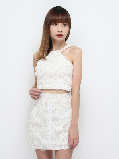 Halter With Fur Top And Skirt Set 32494