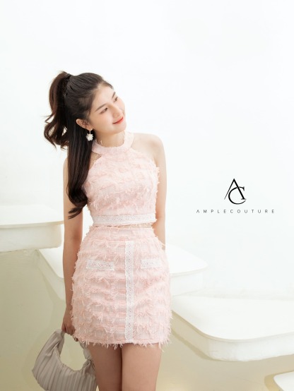 Halter With Fur Top And Skirt Set 32494