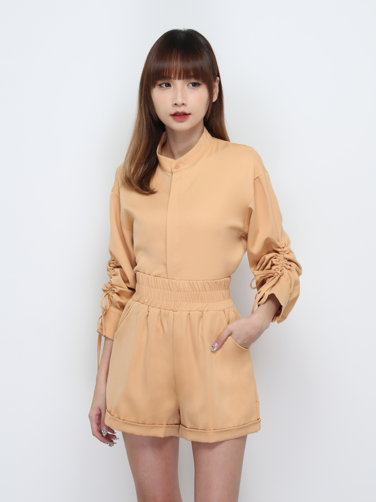 Sleeve Drawstring Top With Short Pants Set 32587