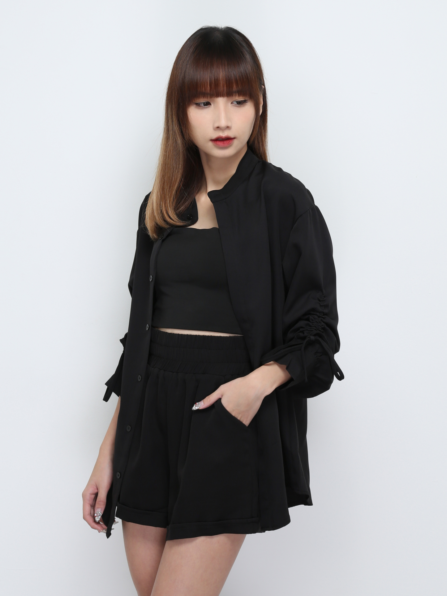 Sleeve Drawstring Top With Short Pants Set 32587