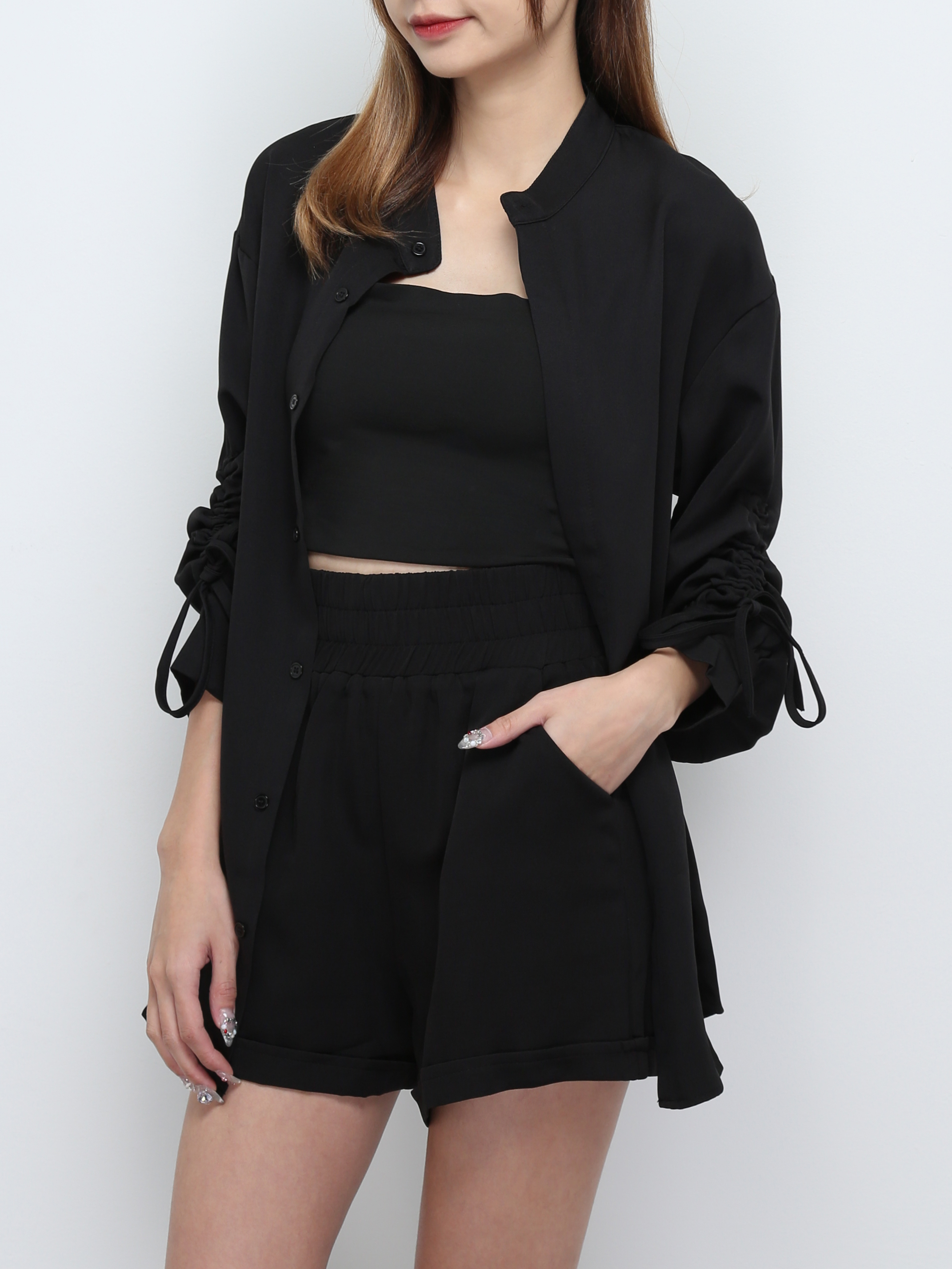 Sleeve Drawstring Top With Short Pants Set 32587