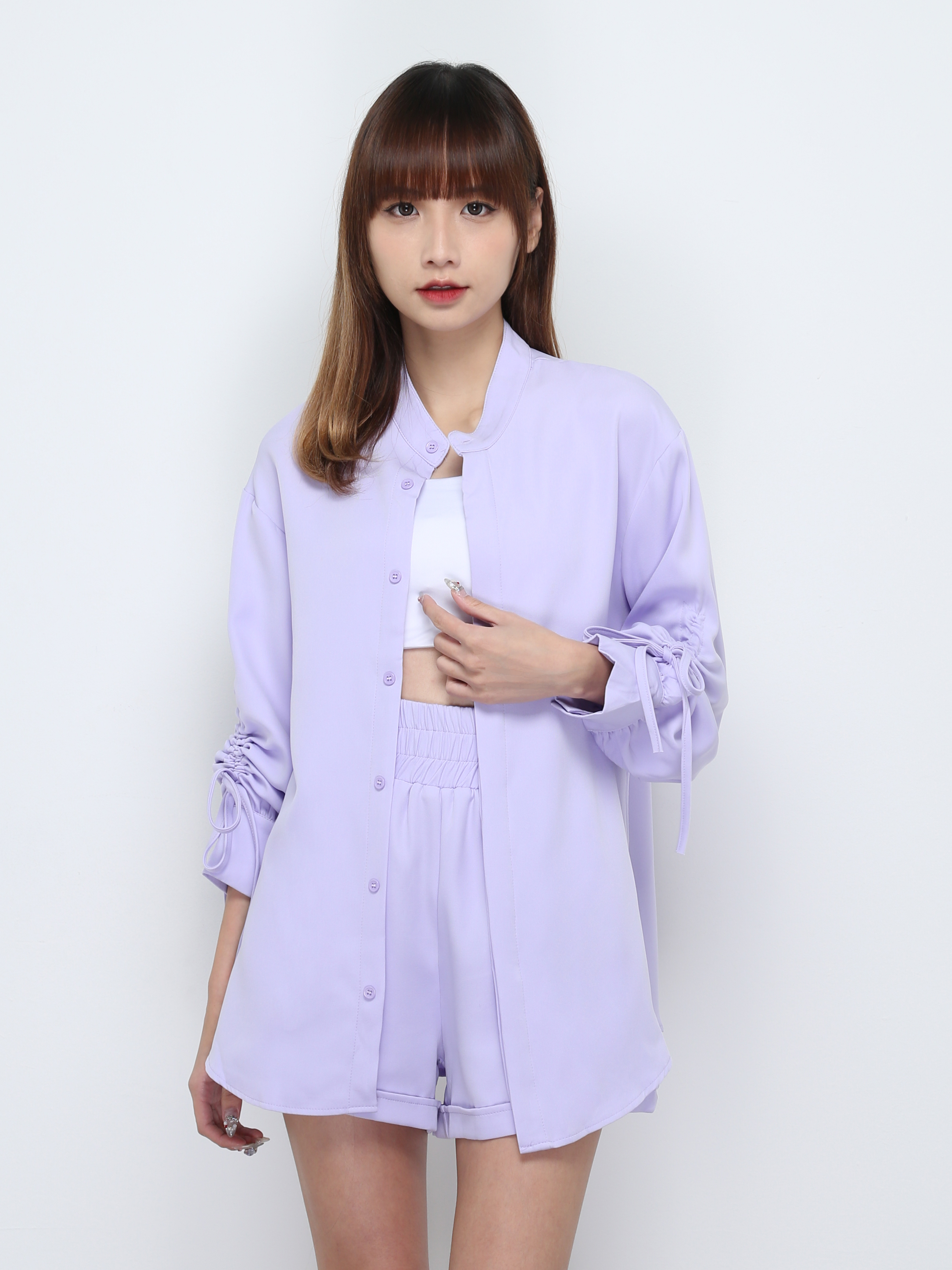 Sleeve Drawstring Top With Short Pants Set 32587