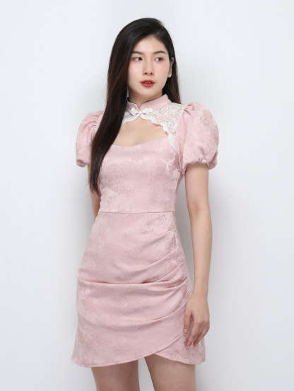 Puff Sleeve Back Zip Pleated Dress 33059