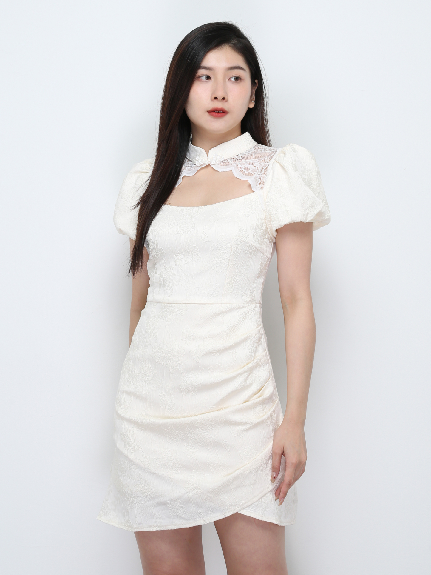 Puff Sleeve Back Zip Pleated Dress 33059