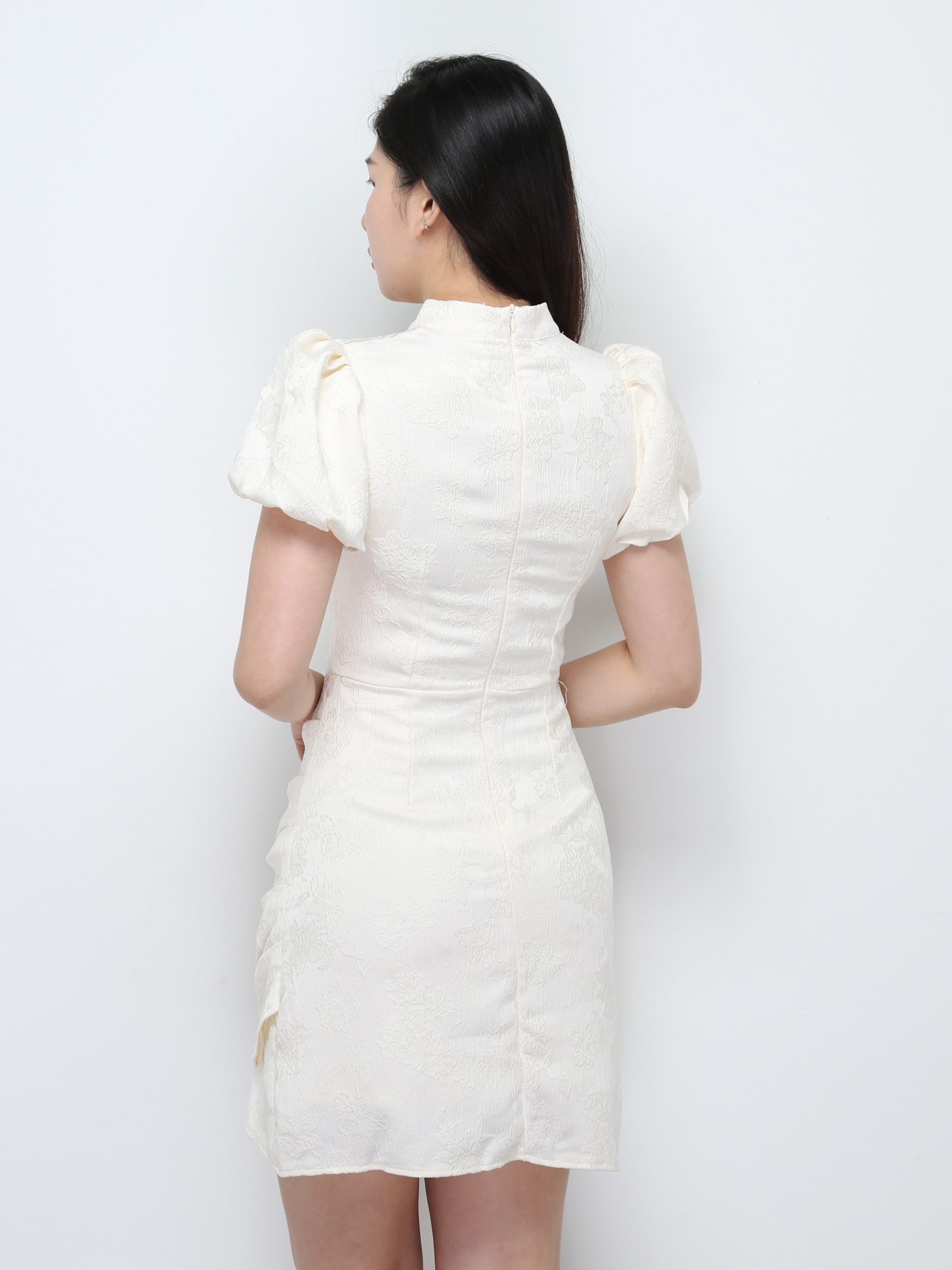 Puff Sleeve Back Zip Pleated Dress 33059
