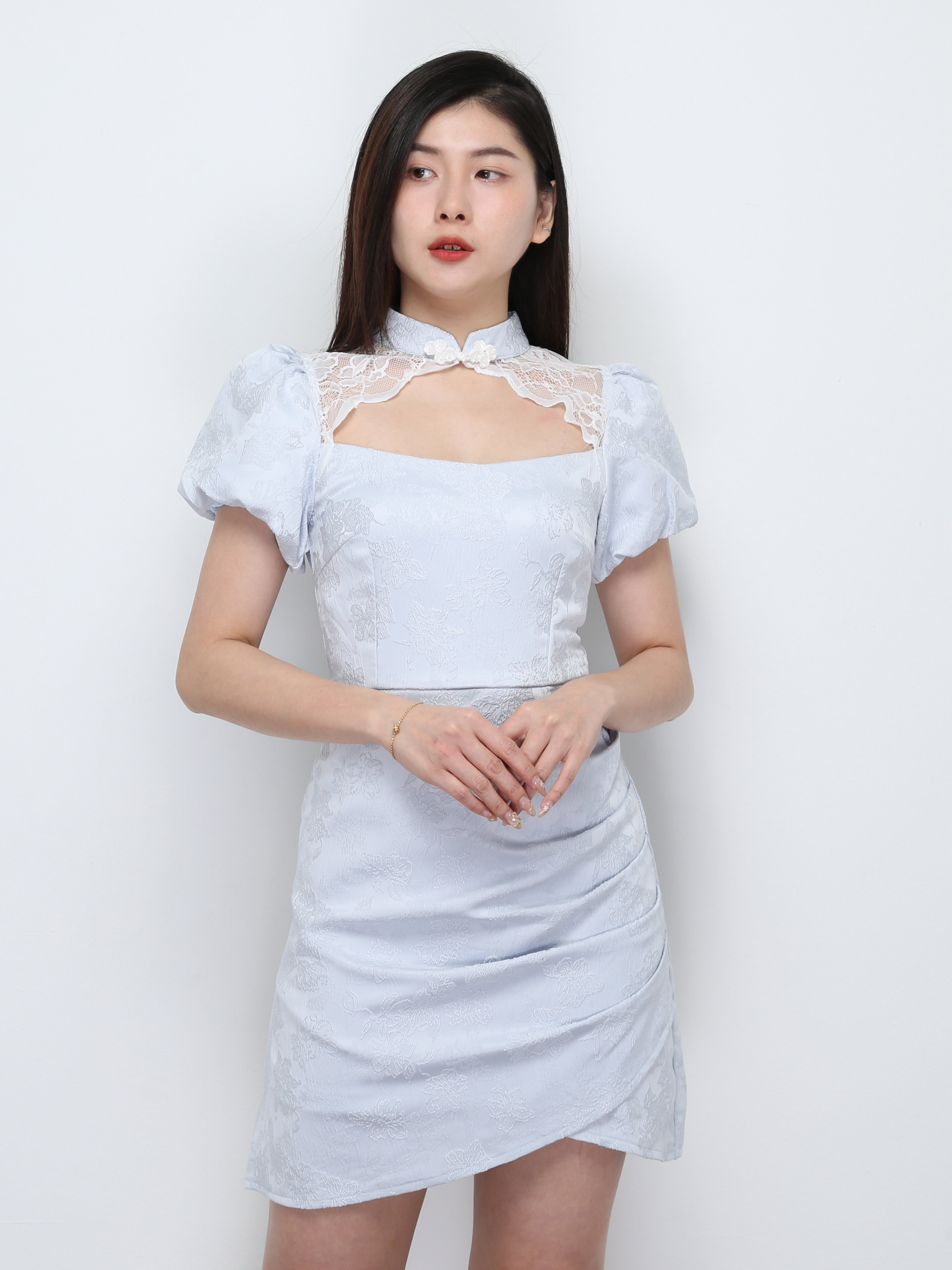 Puff Sleeve Back Zip Pleated Dress 33059