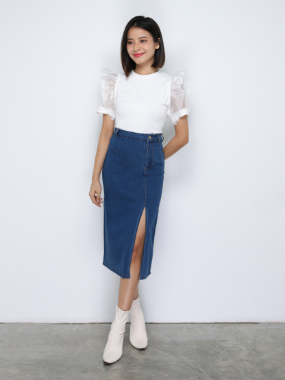 Denim Front Button Split Long Skirt 33387