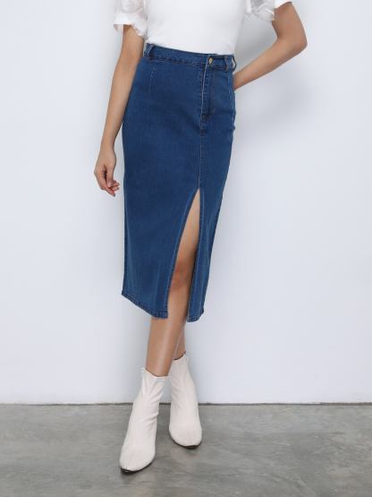 Denim Front Button Split Long Skirt 33387
