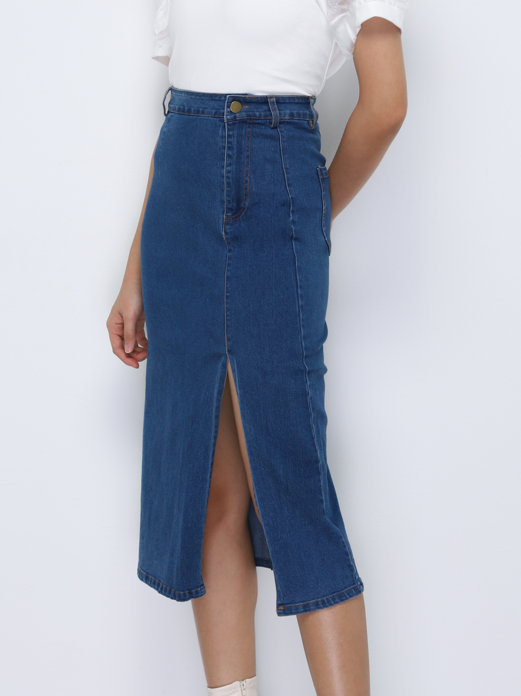 Denim Front Button Split Long Skirt 33387