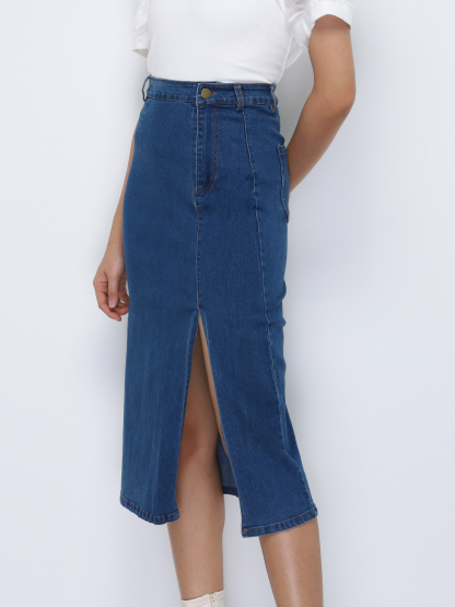 Denim Front Button Split Long Skirt 33387