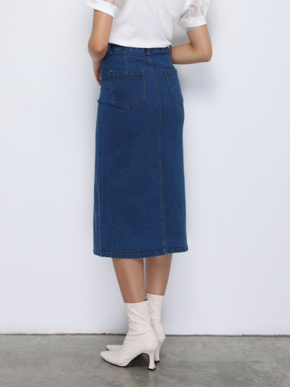Denim Front Button Split Long Skirt 33387