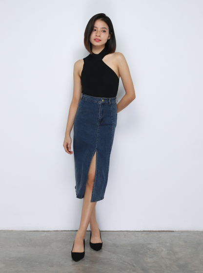 Denim Front Button Split Long Skirt 33387