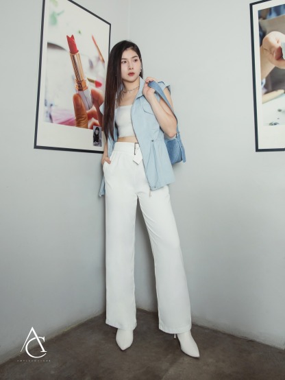 High Waist Side Pocket With Decorative Belt Long Pants AC406 