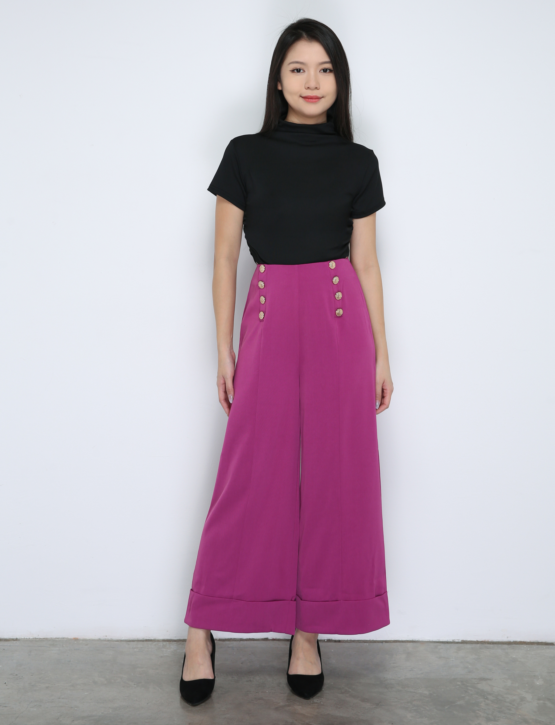 High Waist Decorative Button Long Pants 33681