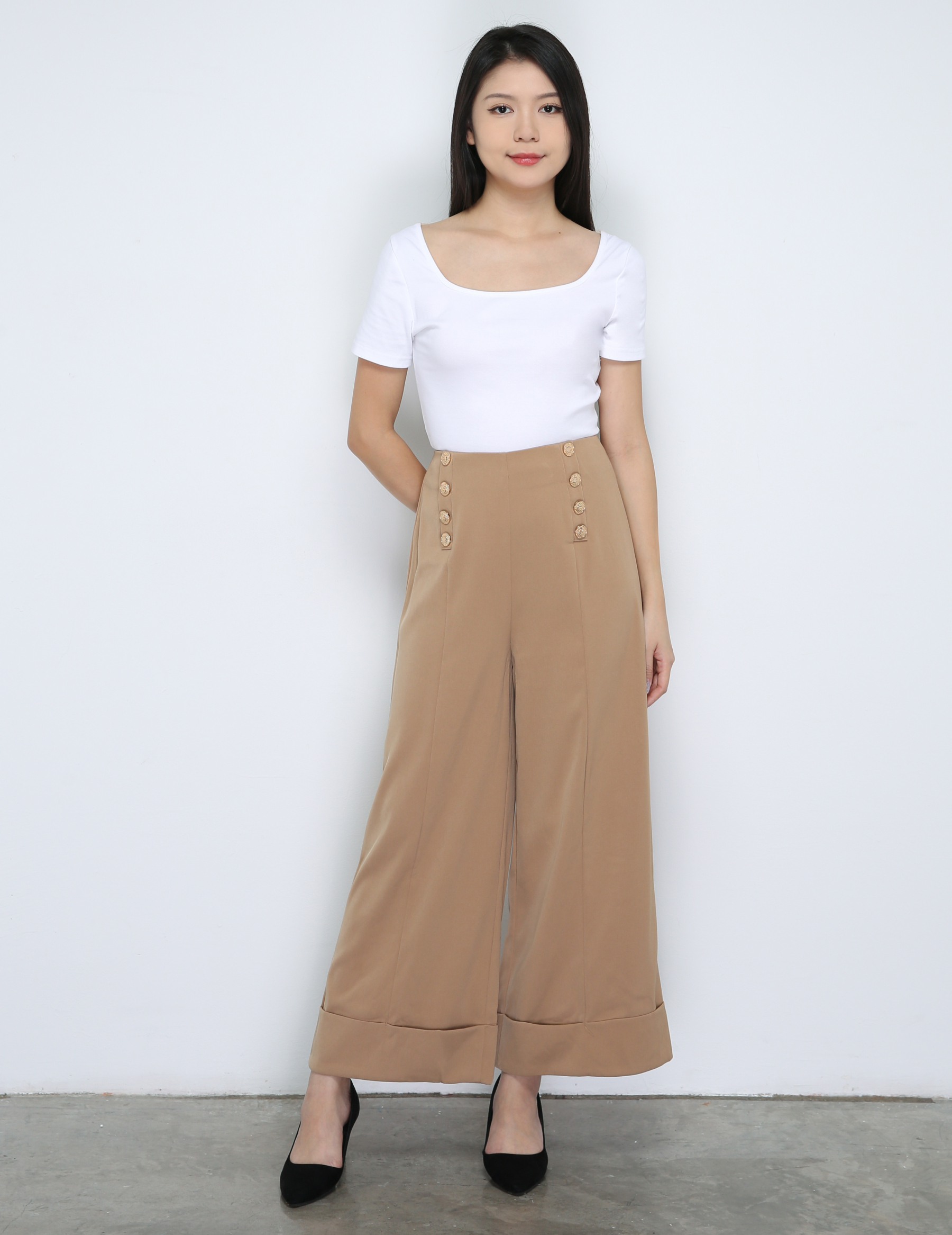High Waist Decorative Button Long Pants 33681