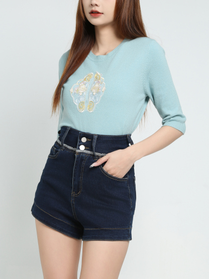 High Waist Denim Short Pants 34010
