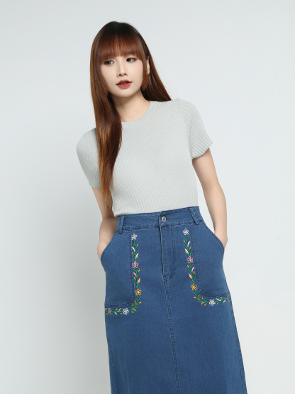 Denim Decorative Floral Skirt 34117