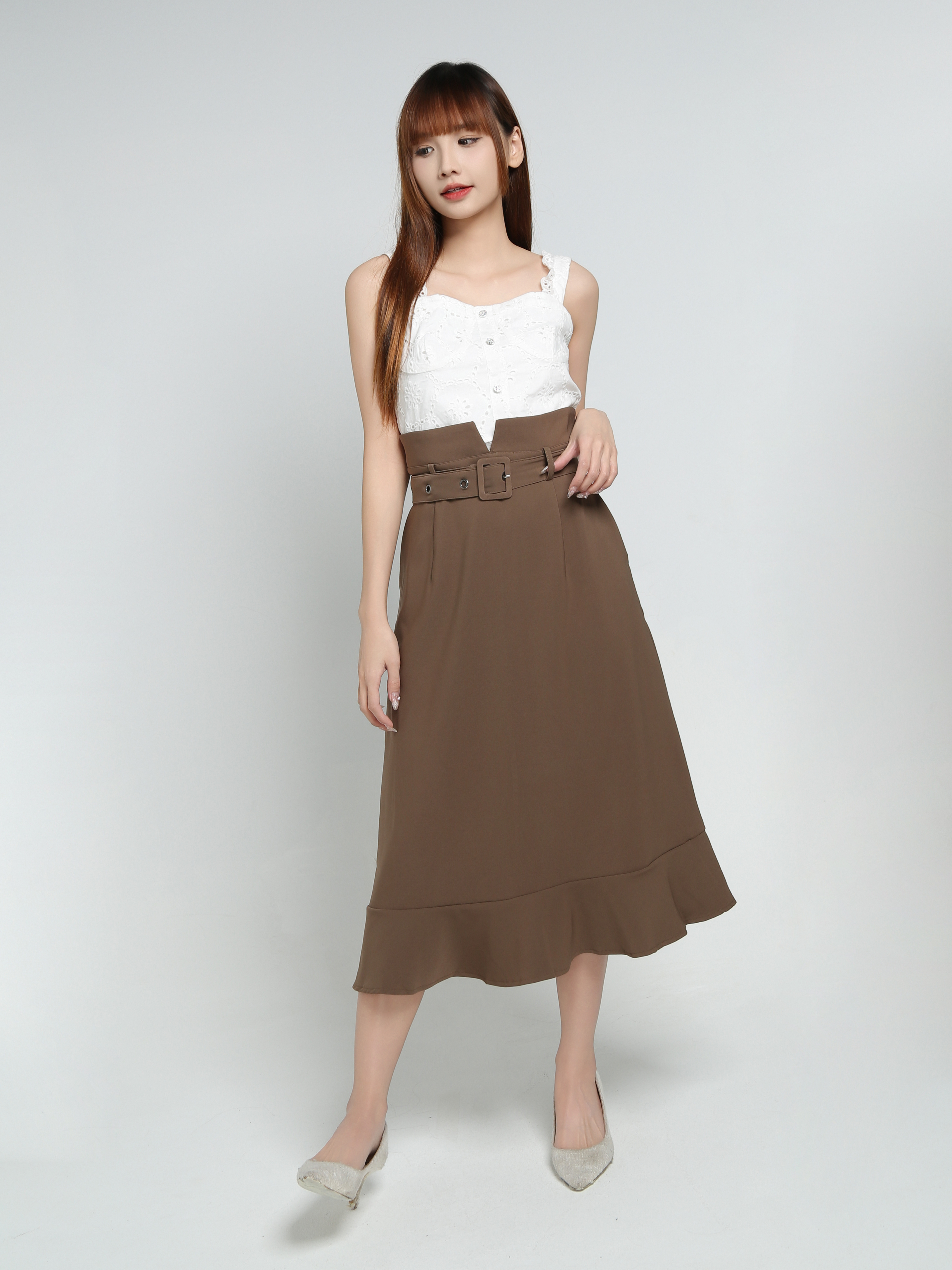 High Waist Ruffles With Belt Skirt 34142