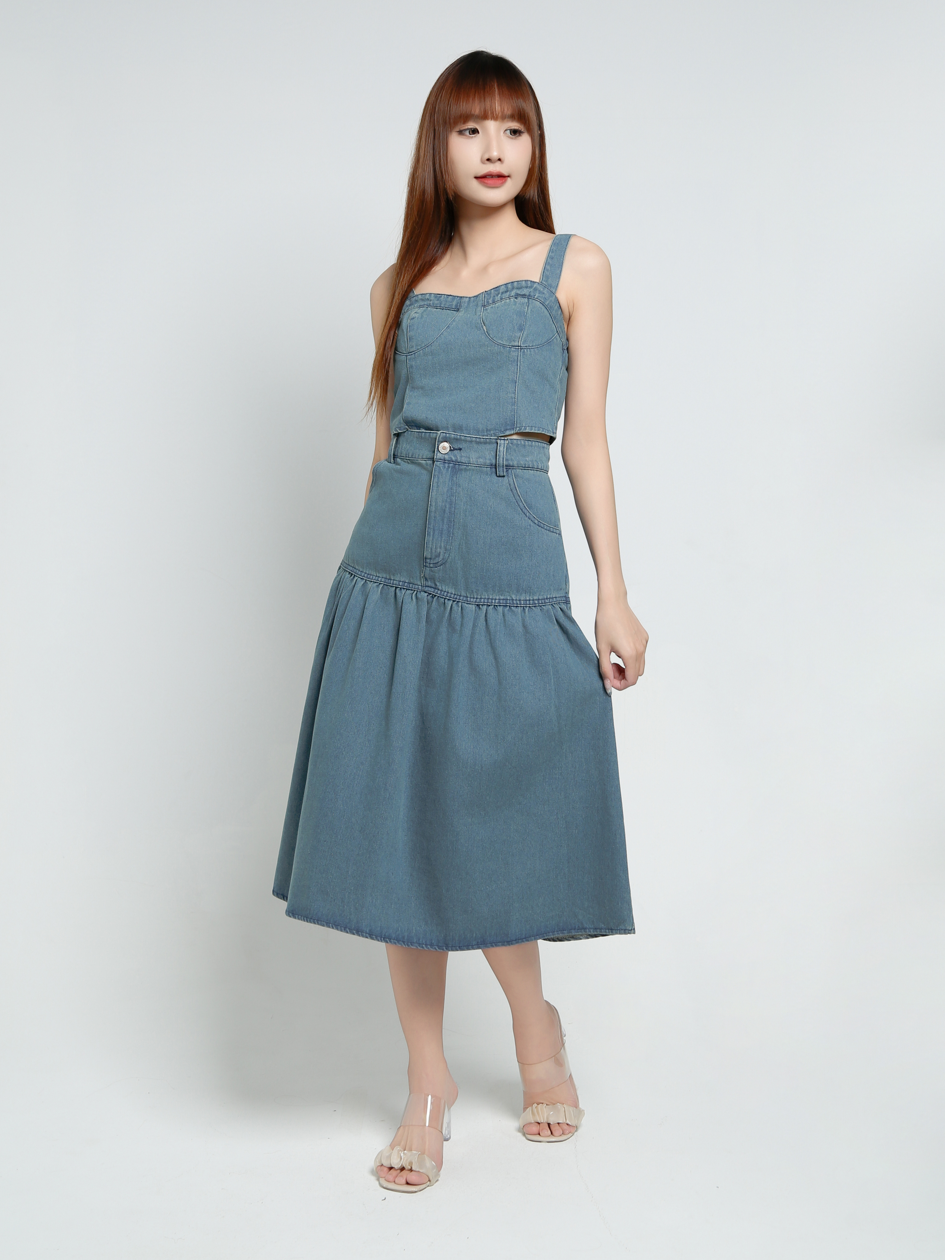 Denim Sleeveless Top With Long Skirt Set 34083