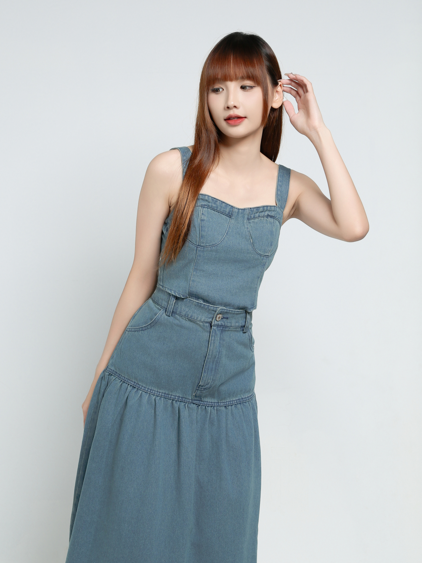 Denim Sleeveless Top With Long Skirt Set 34083