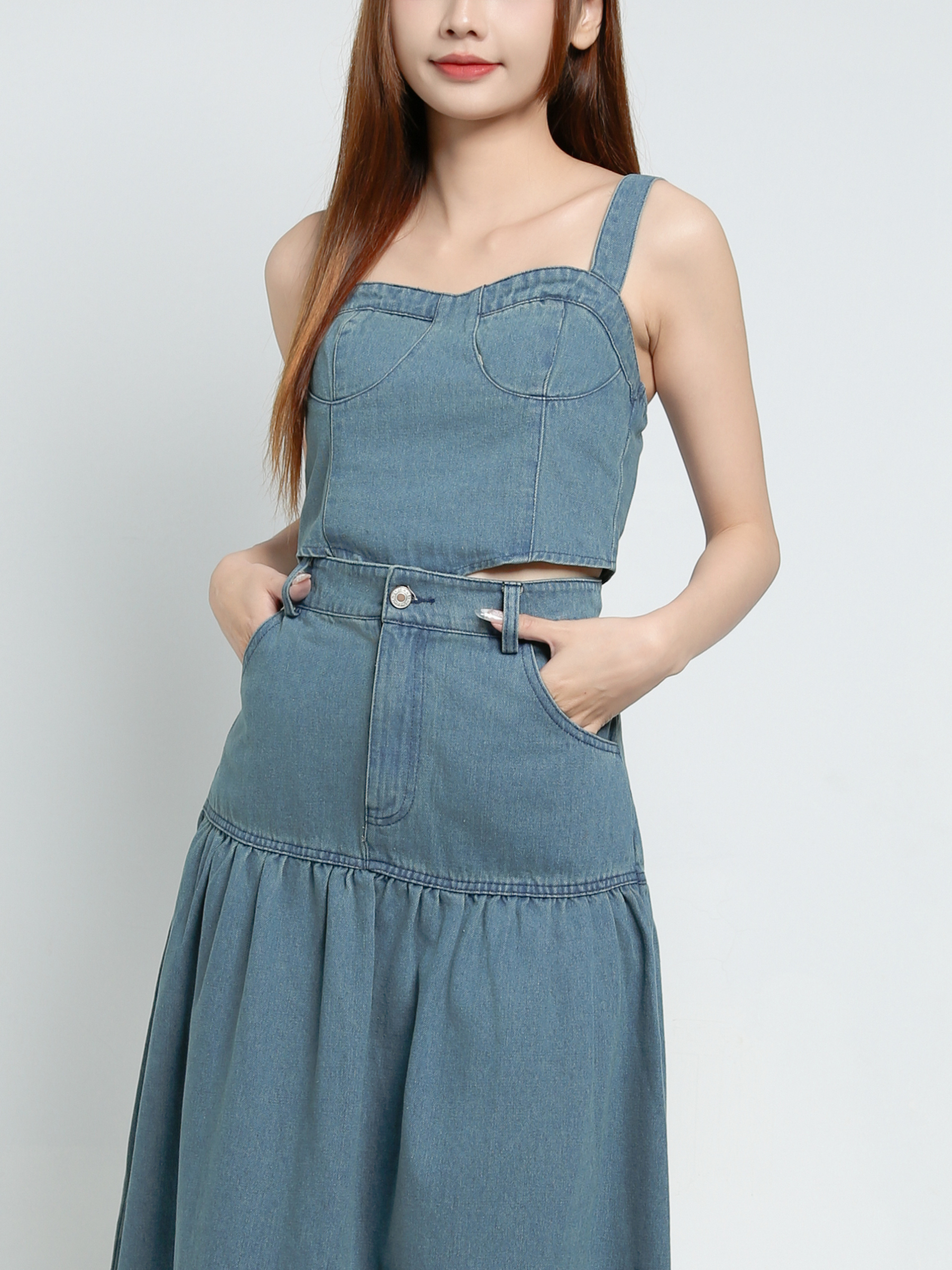 Denim Sleeveless Top With Long Skirt Set 34083