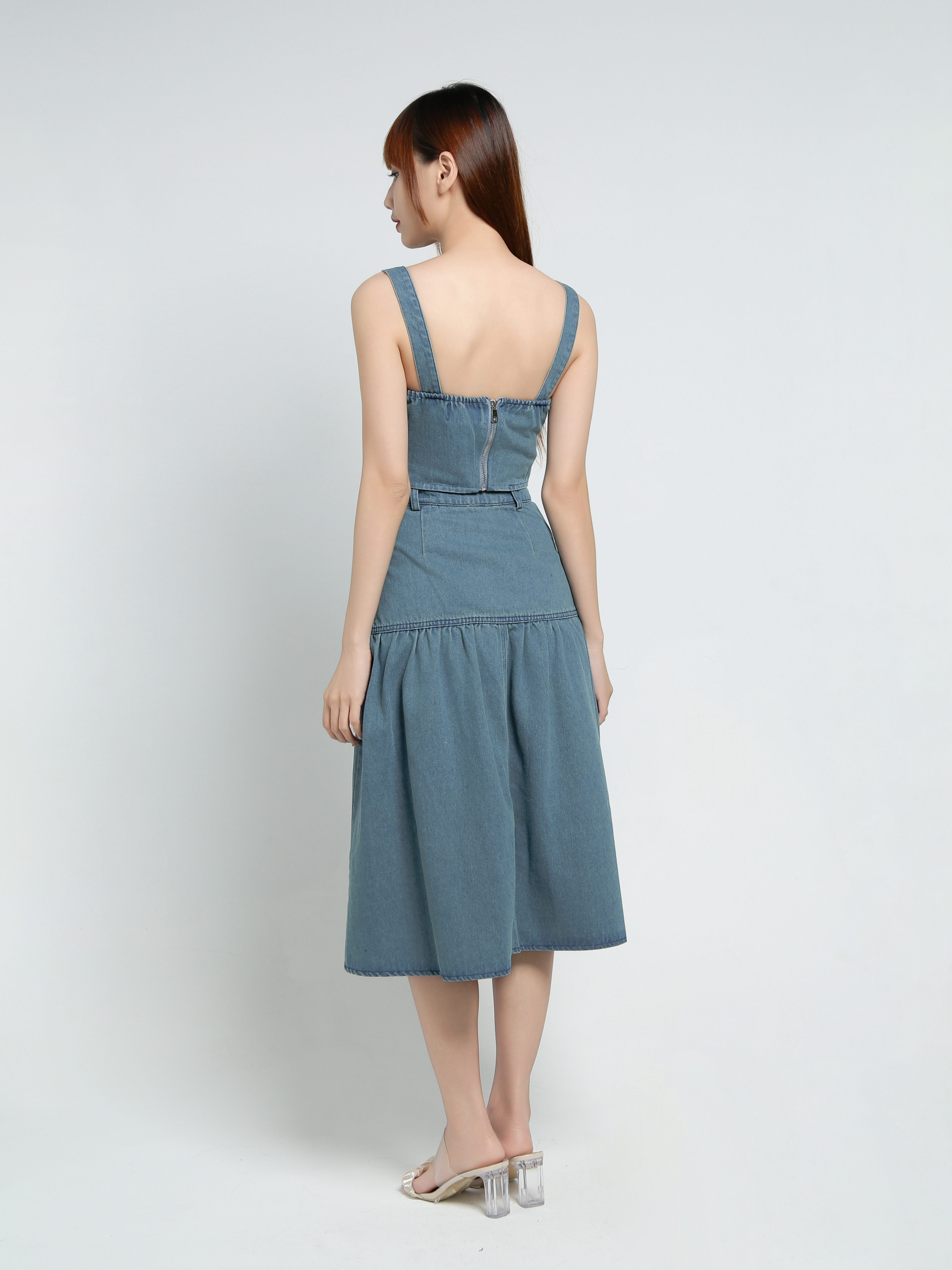 Denim Sleeveless Top With Long Skirt Set 34083