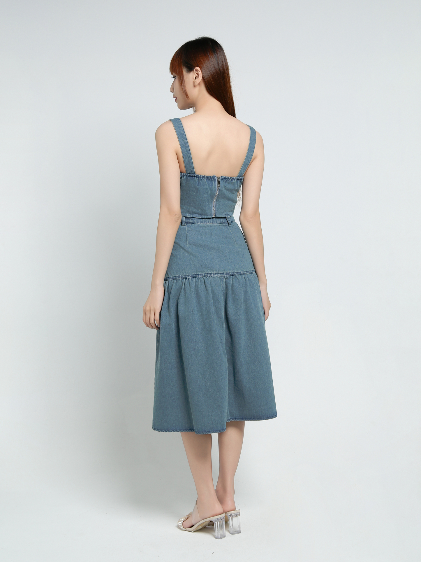 Denim Sleeveless Top With Long Skirt Set 34083