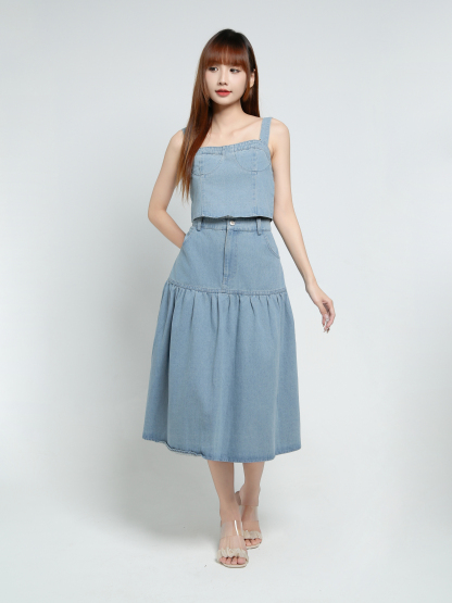 Denim Sleeveless Top With Long Skirt Set 34083