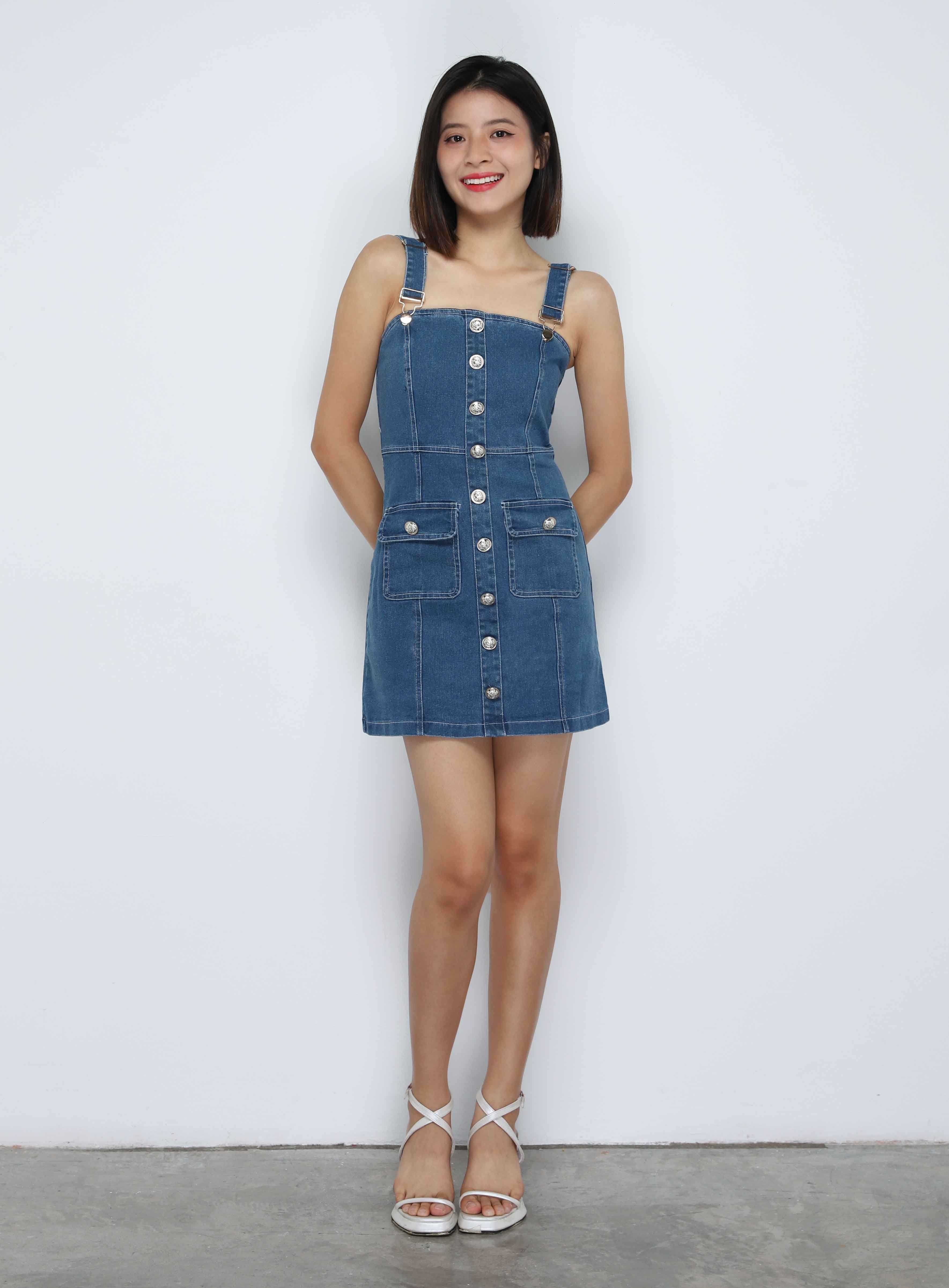 Denim Sleeveless Front Decorative Button Dress 34090