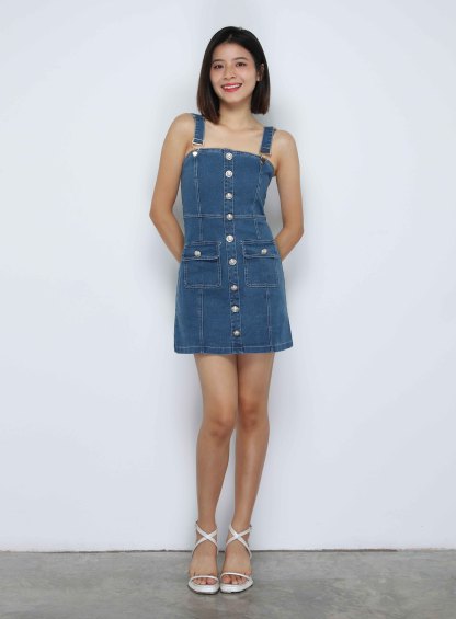 Denim Sleeveless Front Decorative Button Dress 34090