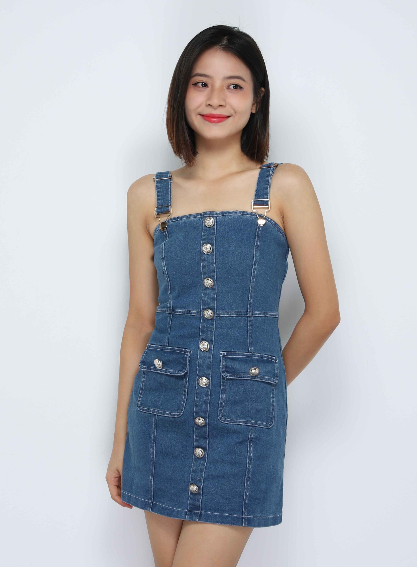 Denim Sleeveless Front Decorative Button Dress 34090