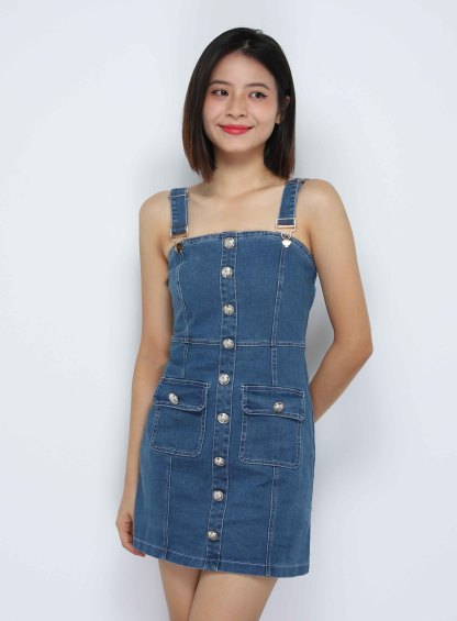 Denim Sleeveless Front Decorative Button Dress 34090