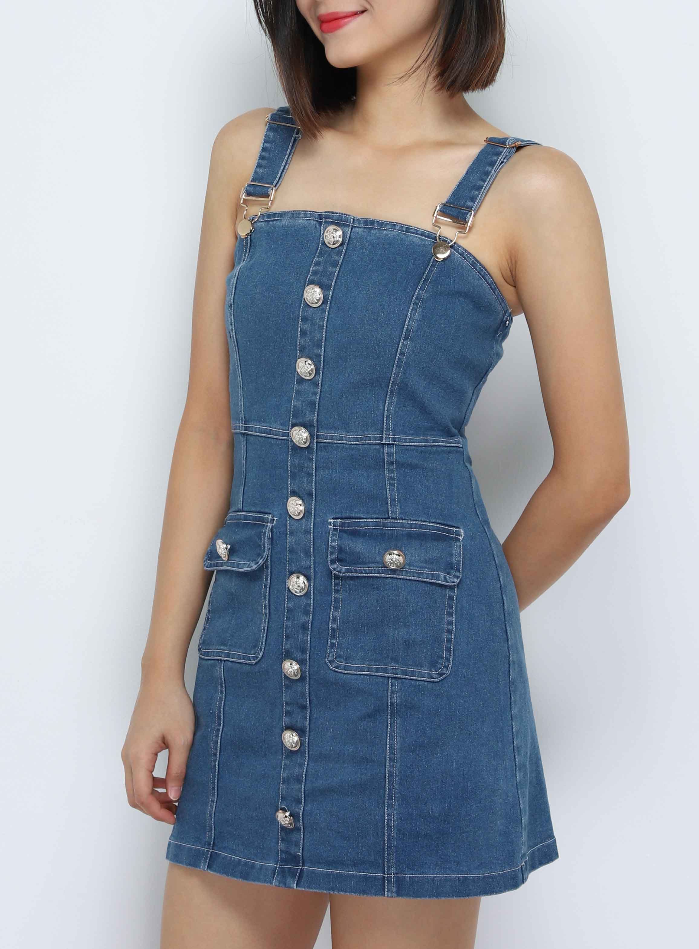 Denim Sleeveless Front Decorative Button Dress 34090