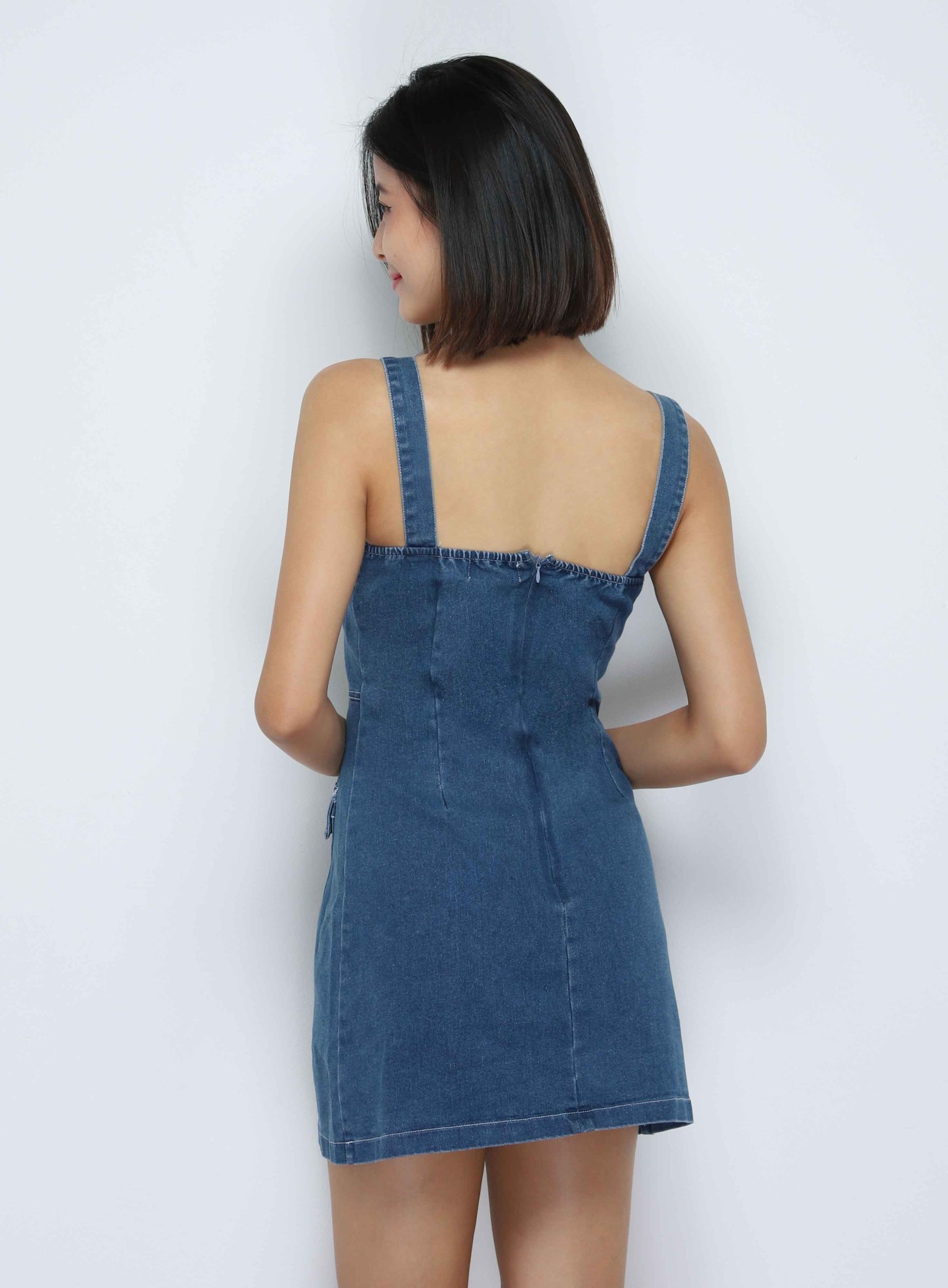 Denim Sleeveless Front Decorative Button Dress 34090
