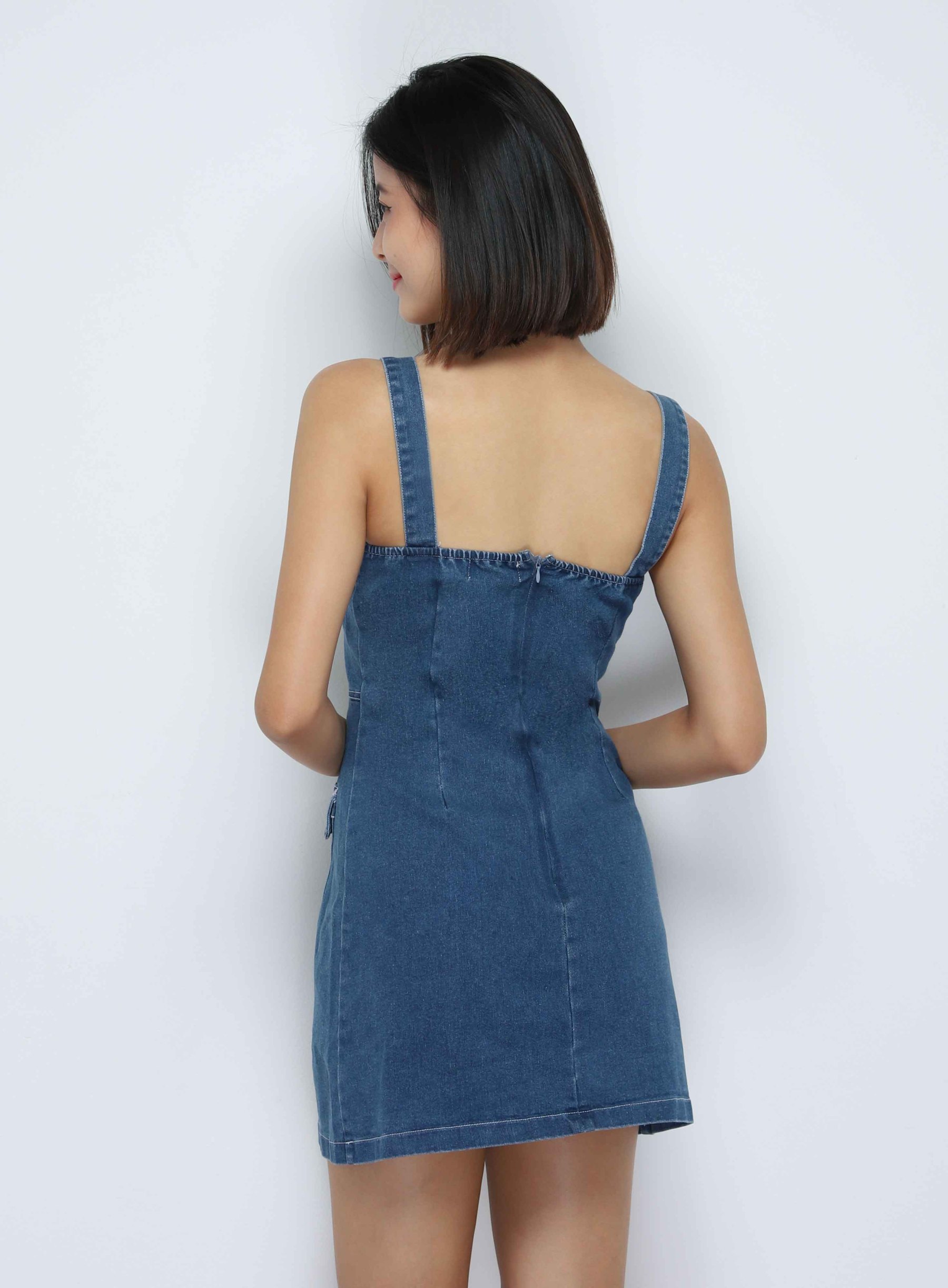 Denim Sleeveless Front Decorative Button Dress 34090