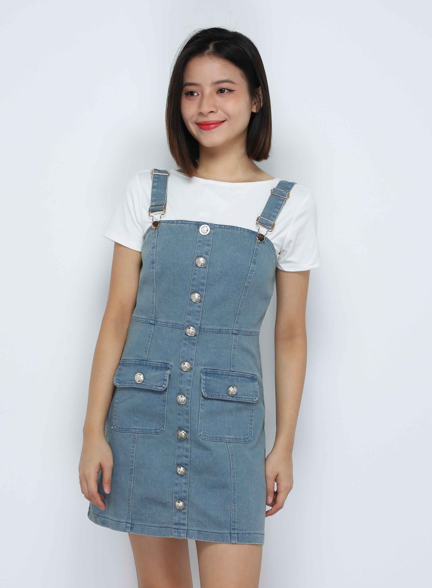 Denim Sleeveless Front Decorative Button Dress 34090