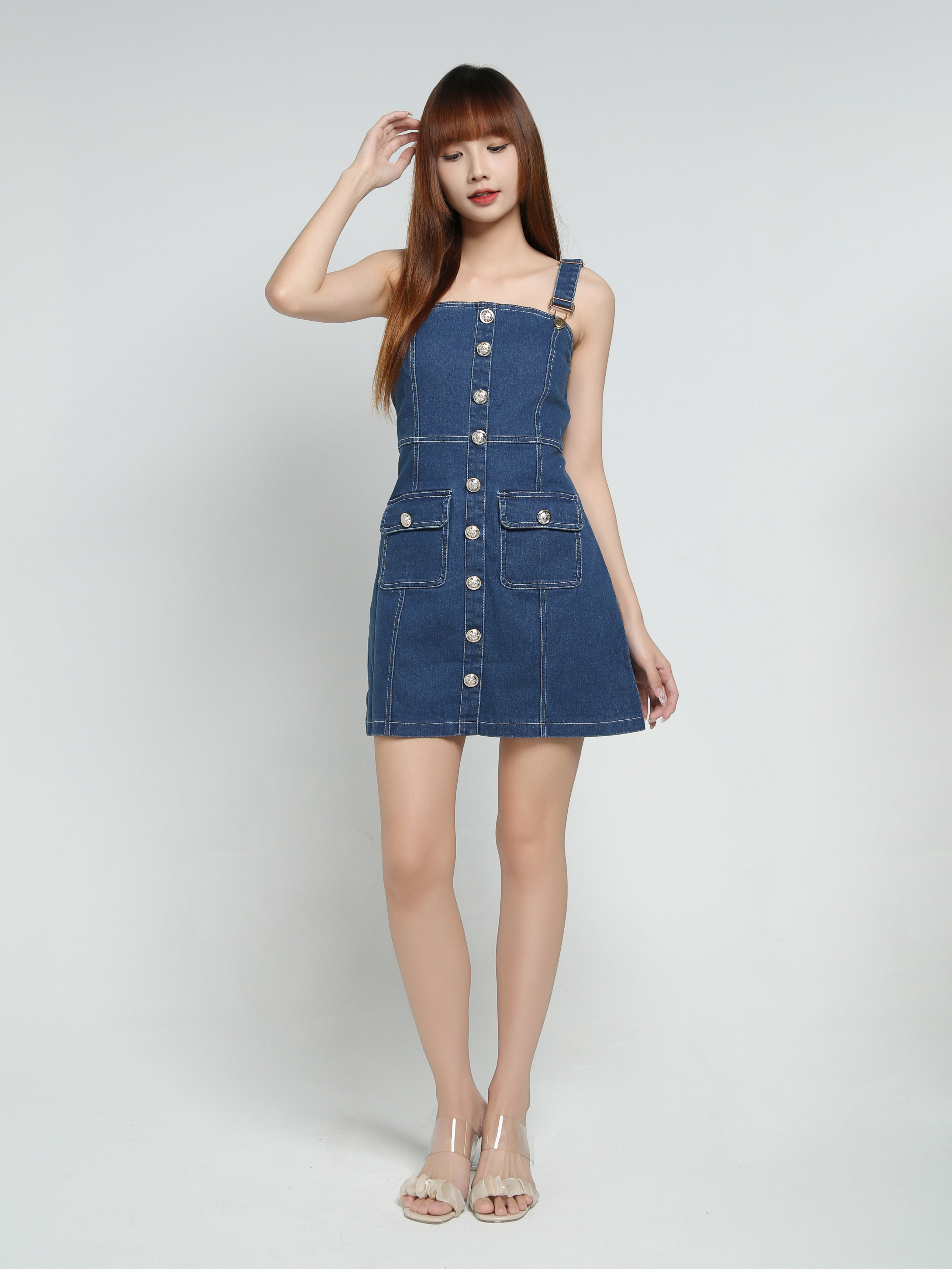 Denim Sleeveless Front Decorative Button Dress 34090