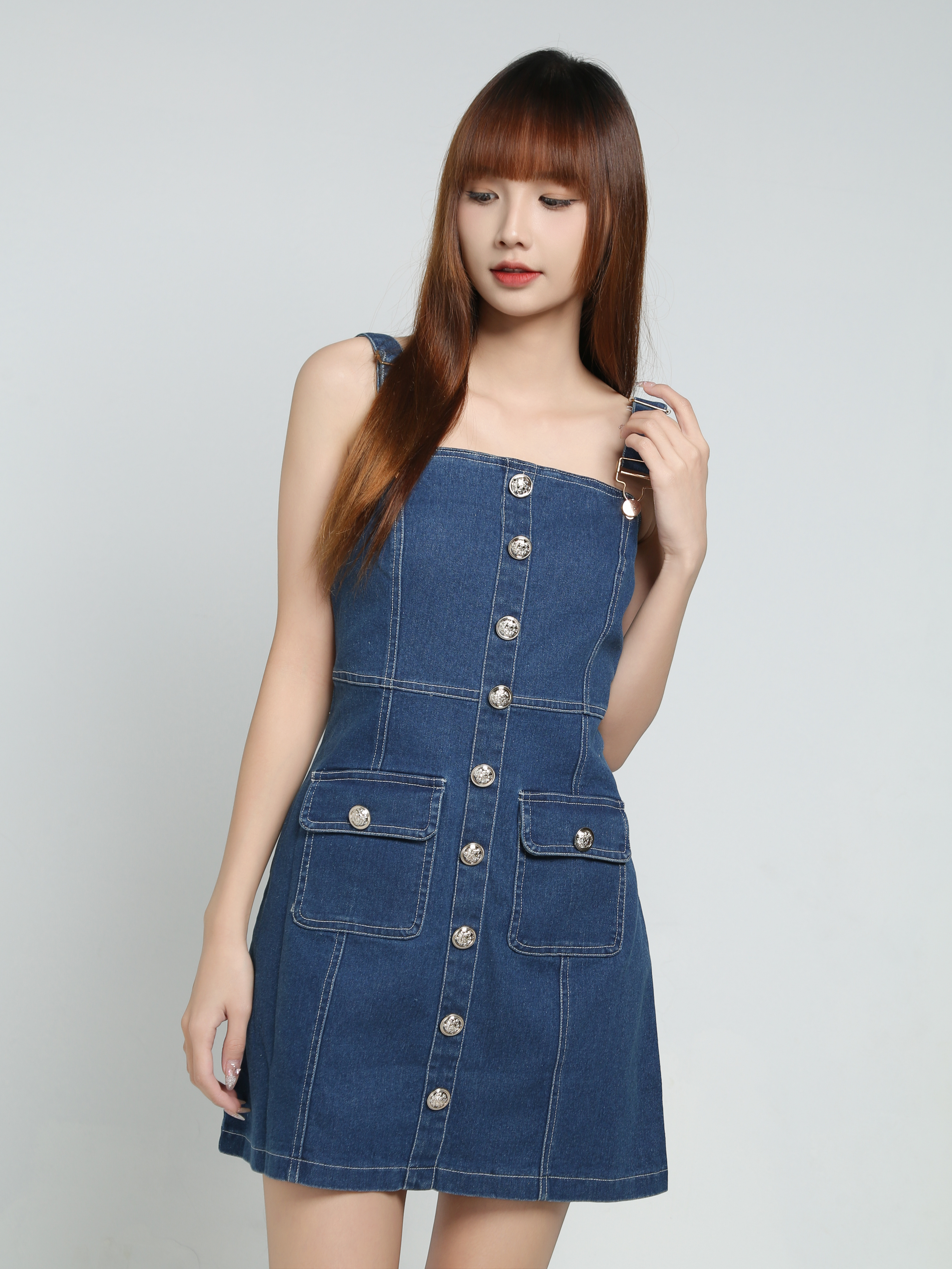 Denim Sleeveless Front Decorative Button Dress 34090