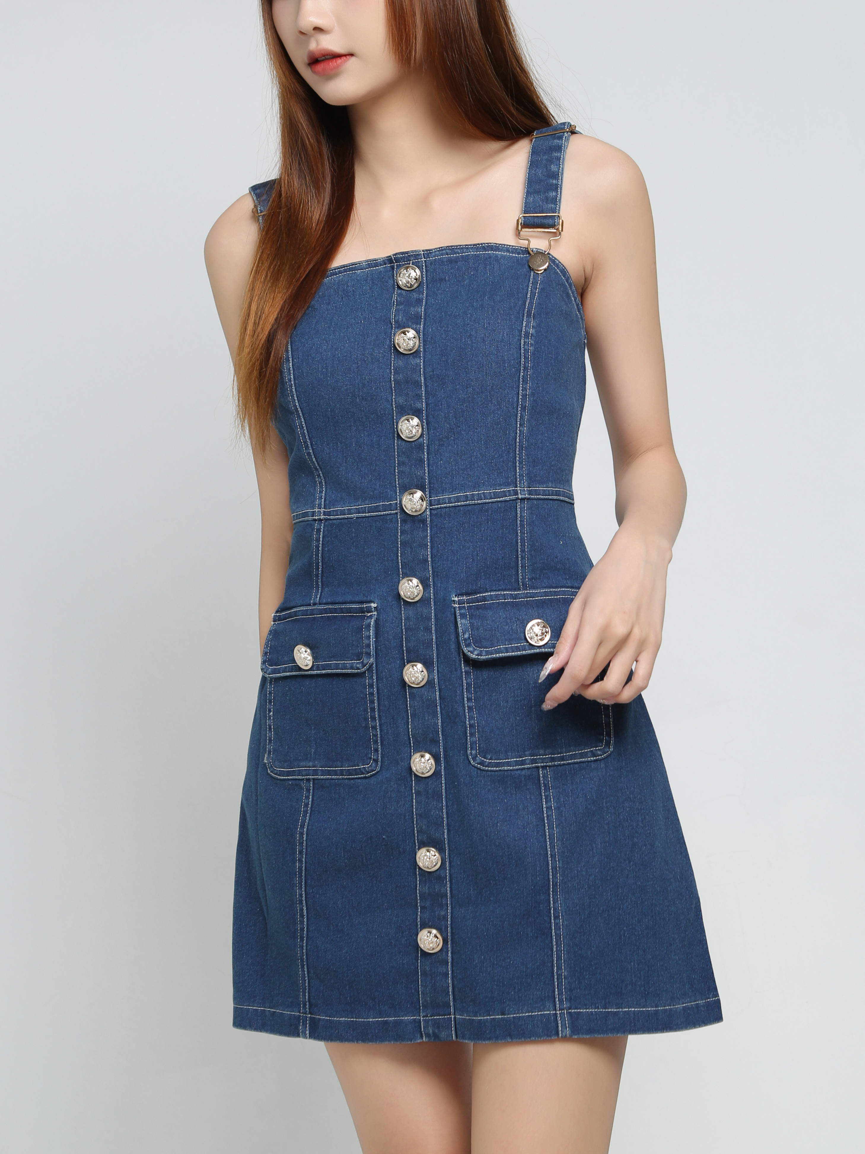 Denim Sleeveless Front Decorative Button Dress 34090