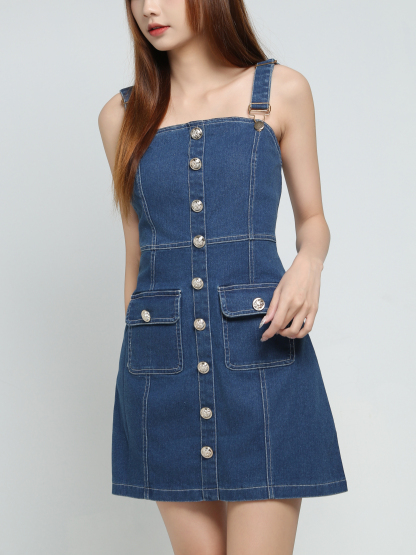 Denim Sleeveless Front Decorative Button Dress 34090