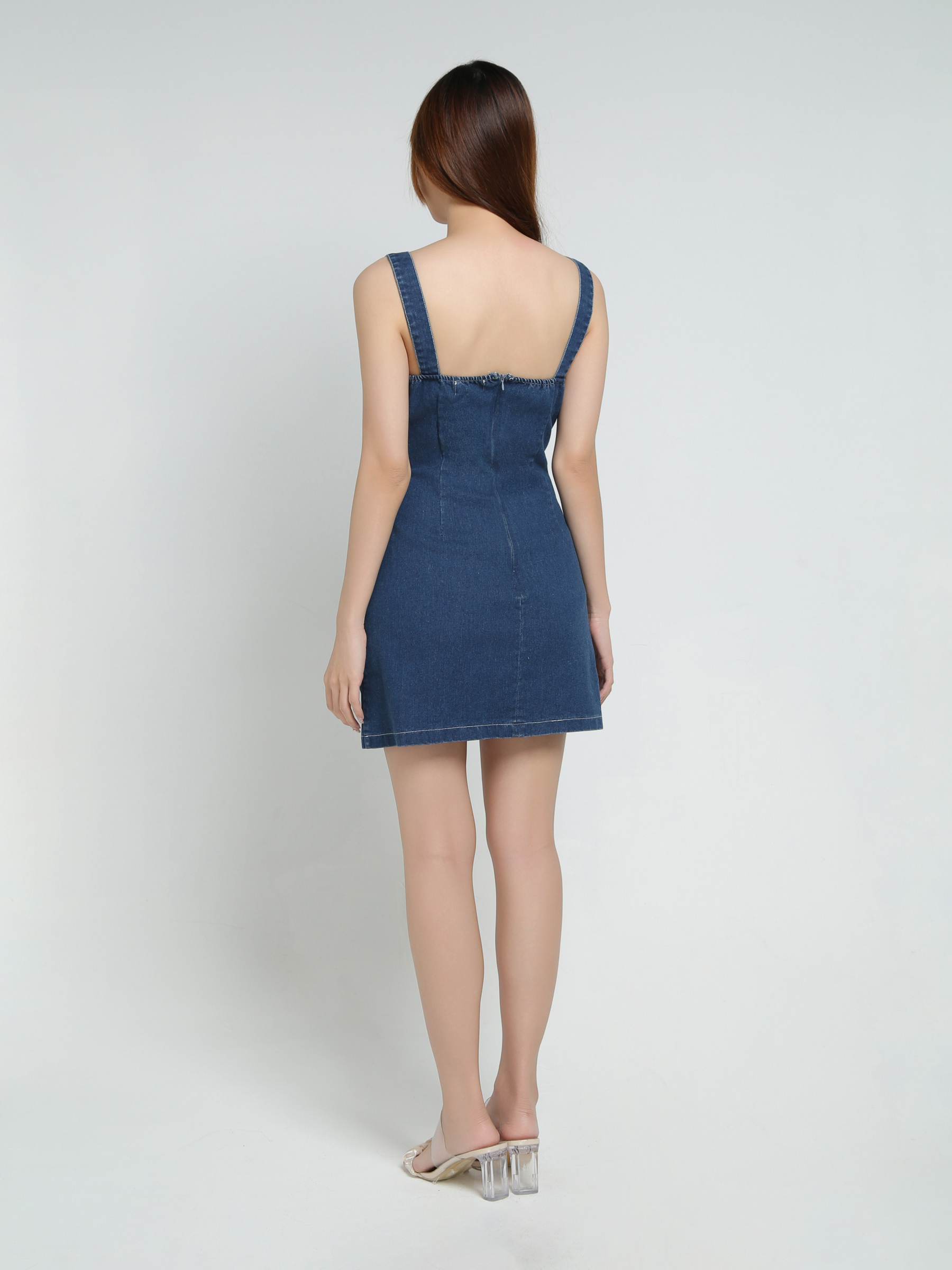Denim Sleeveless Front Decorative Button Dress 34090