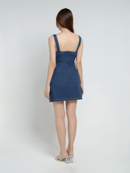 Denim Sleeveless Front Decorative Button Dress 34090