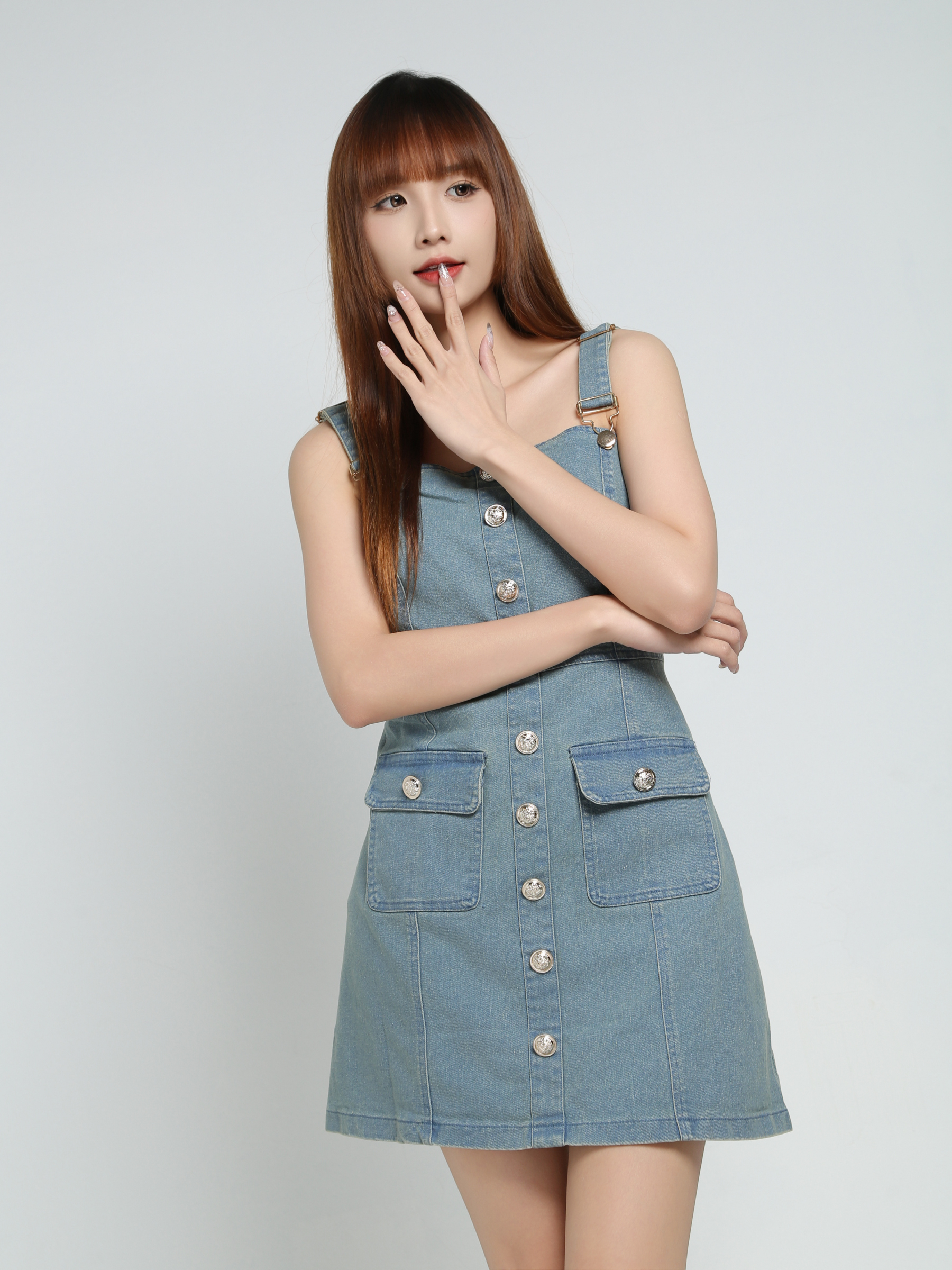 Denim Sleeveless Front Decorative Button Dress 34090