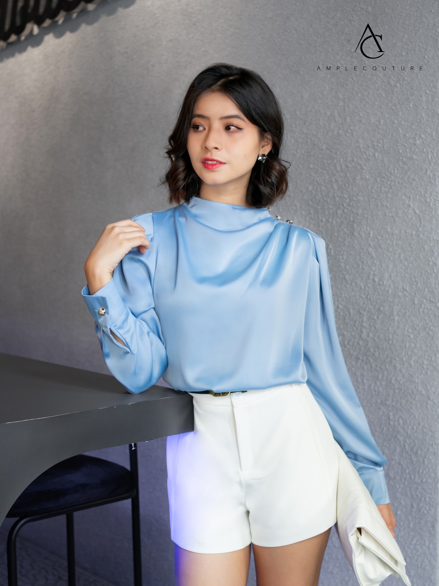 Turtle Neck Decorative With Button Blouse 33776