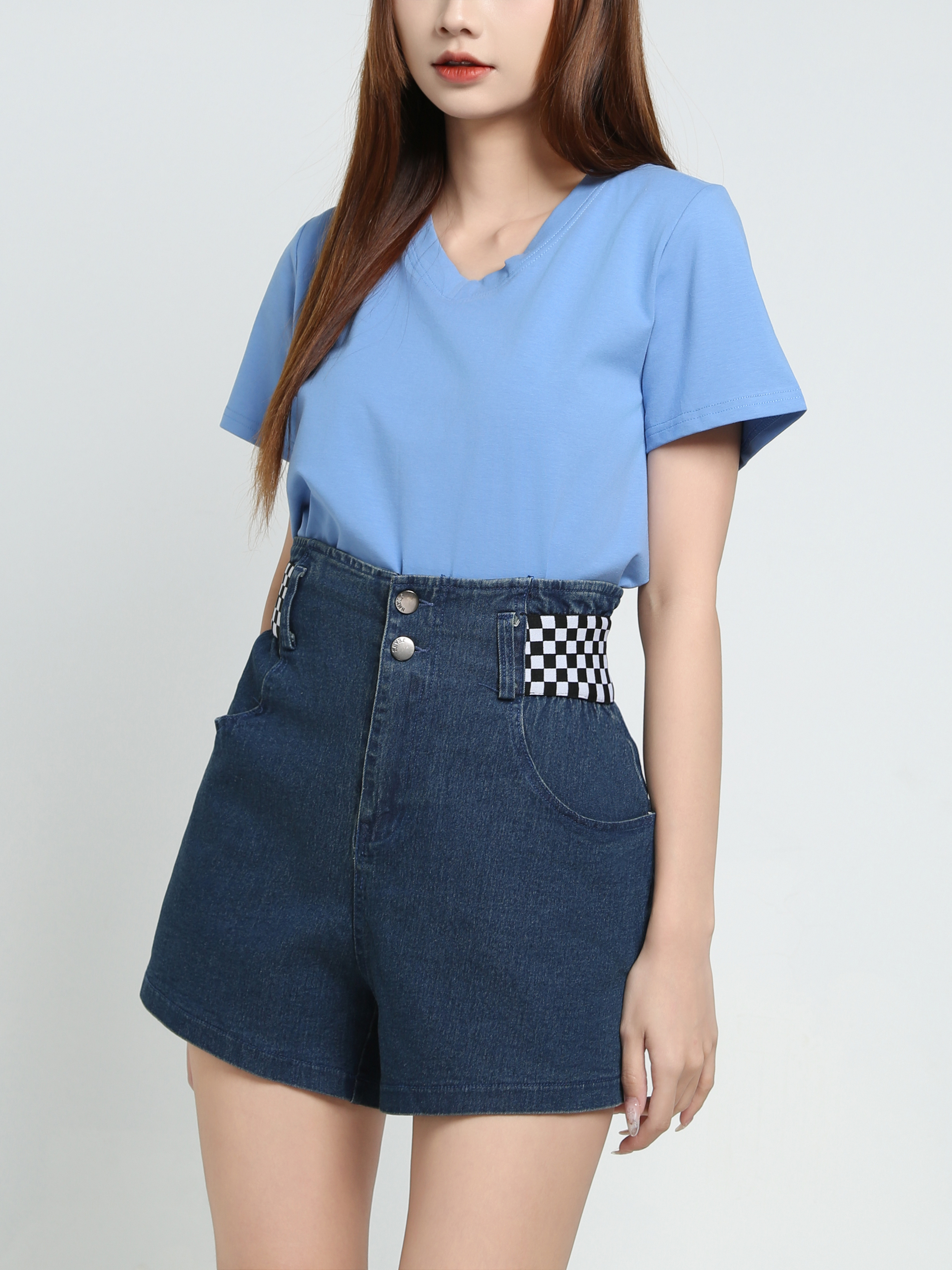 Denim Waist Decorative Checker Short Pant 34109