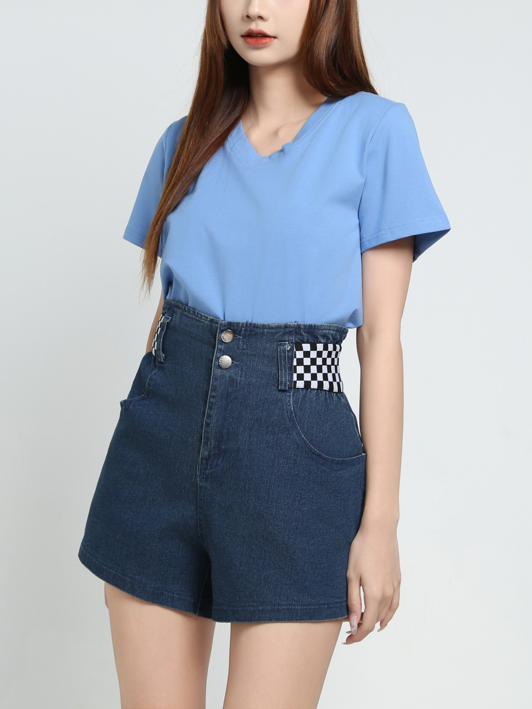 Denim Waist Decorative Checker Short Pant 34109