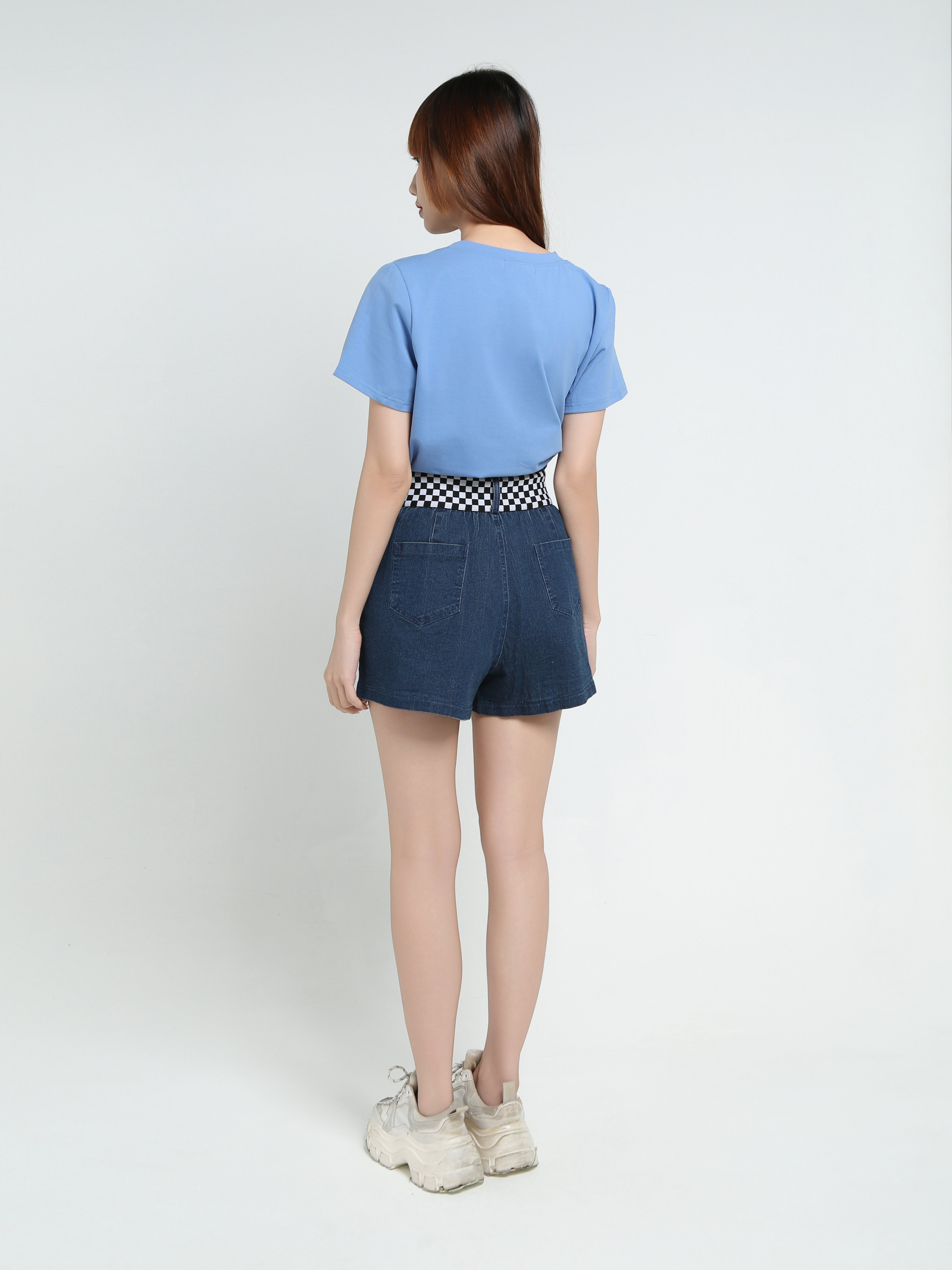 Denim Waist Decorative Checker Short Pant 34109